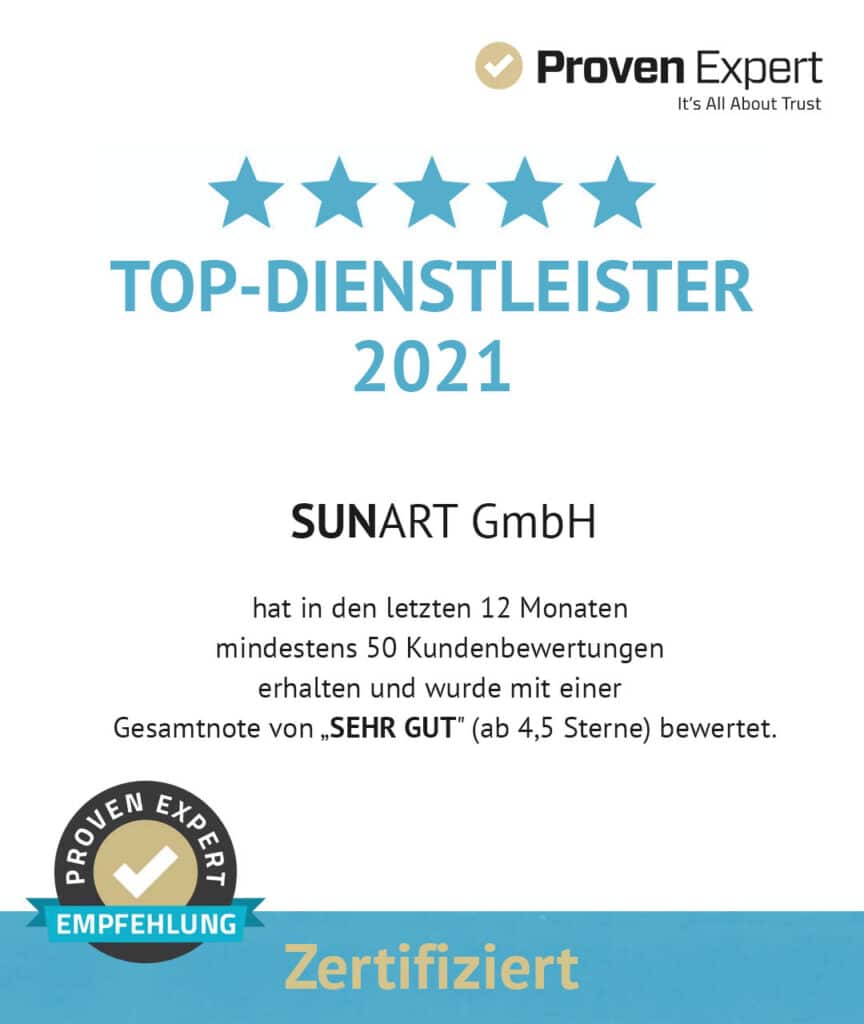 Auszeichnung „Top-Dienstleister 2021“ von ProvenExpert für SUNART GmbH mit fünf Sternen und Zertifizierungsempfehlung.