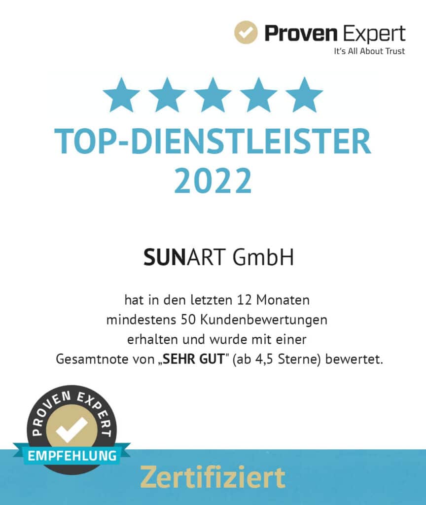 ProvenExpert-Auszeichnung „Top-Dienstleister 2022“ für die SUNART GmbH mit fünf Sternen und Zertifizierungssiegel.