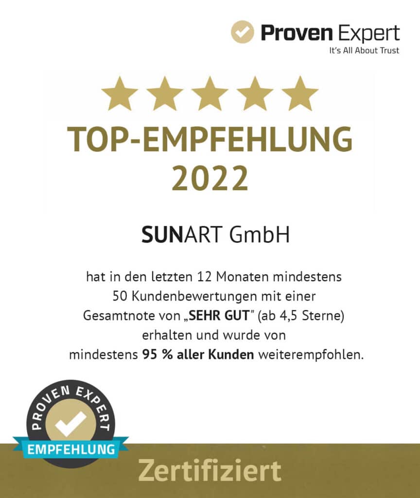 ProvenExpert-Auszeichnung „Top-Empfehlung 2022“ für die SUNART GmbH mit fünf Sternen und Zertifizierungssiegel.